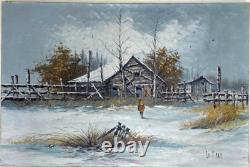 Tableau Ancien Huile sur Toile Campagne Enneigée avec Cavalier Caucase