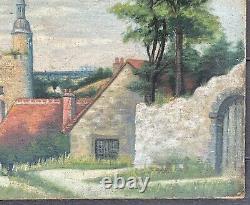 Tableau Ancien Huile sur Toile Paysage Village Maison Ciel XIXe 1899