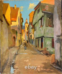 Tableau Ancien Huile sur Toile une Rue de Riquewihr Animée Alsace 1930's Signé