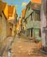 Tableau Ancien Huile sur Toile une Rue de Riquewihr Animée Alsace 1930's Signé