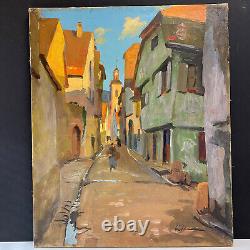 Tableau Ancien Huile sur Toile une Rue de Riquewihr Animée Alsace 1930's Signé