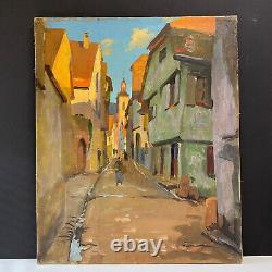 Tableau Ancien Huile sur Toile une Rue de Riquewihr Animée Alsace 1930's Signé