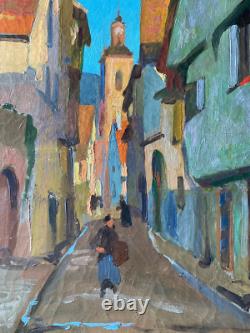 Tableau Ancien Huile sur Toile une Rue de Riquewihr Animée Alsace 1930's Signé