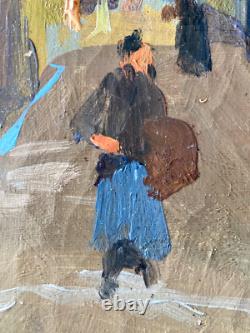 Tableau Ancien Huile sur Toile une Rue de Riquewihr Animée Alsace 1930's Signé
