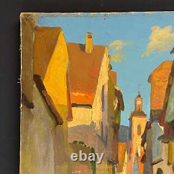 Tableau Ancien Huile sur Toile une Rue de Riquewihr Animée Alsace 1930's Signé