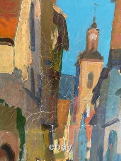 Tableau Ancien Huile sur Toile une Rue de Riquewihr Animée Alsace 1930's Signé