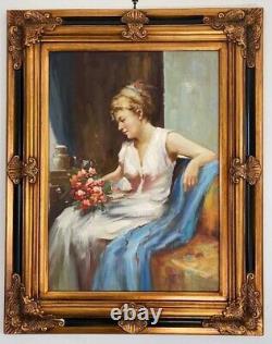 Tableau Ancien Huile sur toile Portrait de femme au bouquet de fleurs XXème