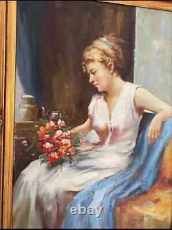 Tableau Ancien Huile sur toile Portrait de femme au bouquet de fleurs XXème