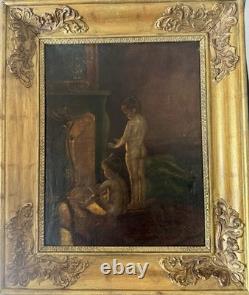 Tableau Ancien Huile sur toile Scène enfants au coin du feu Cadre doré