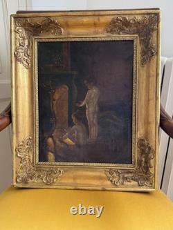 Tableau Ancien Huile sur toile Scène enfants au coin du feu Cadre doré