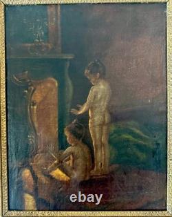 Tableau Ancien Huile sur toile Scène enfants au coin du feu Cadre doré