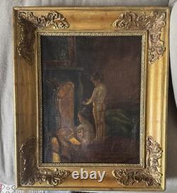 Tableau Ancien Huile sur toile Scène enfants au coin du feu Cadre doré