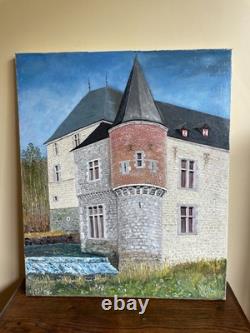Tableau Ancien Huile sur toile à déchiffrer (début XXe-s) château 46x55cm