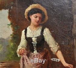 Tableau Ancien Huile toile XlX Paysage Barbizon Impressionniste Basse Cour