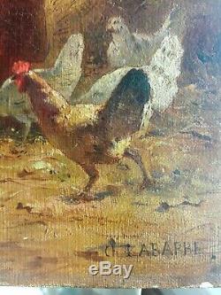 Tableau Ancien Huile toile XlX Paysage Barbizon Impressionniste Basse Cour