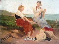 Tableau Ancien Impressionniste Femmes et Nourrisson à la plage Huile signée XIXe