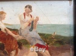 Tableau Ancien Impressionniste Femmes et Nourrisson à la plage Huile signée XIXe