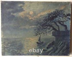 Tableau Ancien Impressionniste Marine effet de Nuit Huile sur toile signée