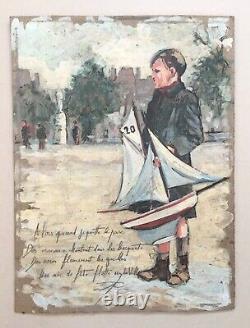 Tableau Ancien, Jeune Garçon Au Parc, Huile Sur Carton, Peinture, Début XXe