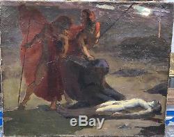 Tableau Ancien LOUIS BILLOTEY (1883-1940) Guerrier Homme Nu Mort c. 1905