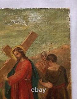 Tableau Ancien, Le Christ Portant La Croix, Huile Sur Toile, Peinture, XIXe