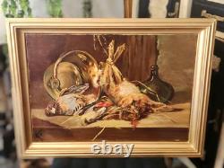 Tableau Ancien. Les Trophées de Chasse. Peinture huile sur toile signé M F