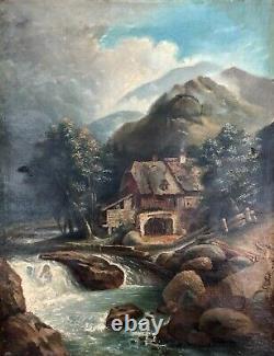 Tableau Ancien, Maison Au Bord De La Rivière, Huile Sur Toile, Peinture, XIXe