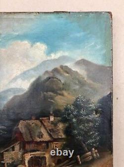 Tableau Ancien, Maison Au Bord De La Rivière, Huile Sur Toile, Peinture, XIXe
