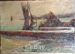 Tableau Ancien Marine Impressionniste Bateaux Jetée Huile sur Toile fin XIXe