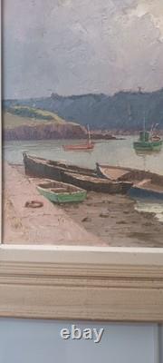 Tableau Ancien Marine Pécheurs Barques Normandie Séry Olivier