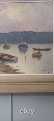 Tableau Ancien Marine Pécheurs Barques Normandie Séry Olivier