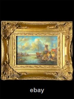 Tableau Ancien Marine Scène portuaire animée avec moulin École Hollandaise XIXe