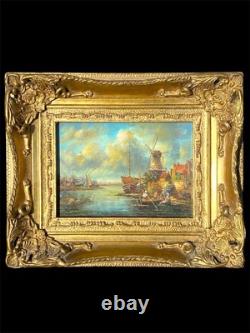 Tableau Ancien Marine Scène portuaire animée avec moulin École Hollandaise XIXe