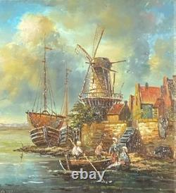 Tableau Ancien Marine Scène portuaire animée avec moulin École Hollandaise XIXe