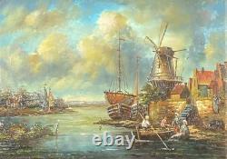 Tableau Ancien Marine Scène portuaire animée avec moulin École Hollandaise XIXe