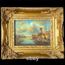 Tableau Ancien Marine Scène portuaire animée avec moulin École Hollandaise XIXe