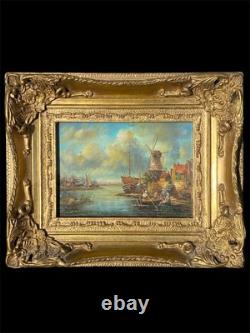 Tableau Ancien Marine Scène portuaire animée avec moulin École Hollandaise XIXe