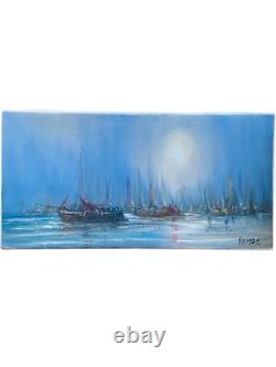 Tableau Ancien Marine Signé Mafonso Virgile- Voiliers Sous La Lune