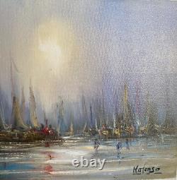 Tableau Ancien Marine Signé Mafonso Virgile- Voiliers Sous La Lune