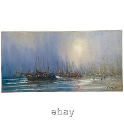 Tableau Ancien Marine Signé Mafonso Virgile- Voiliers Sous La Lune