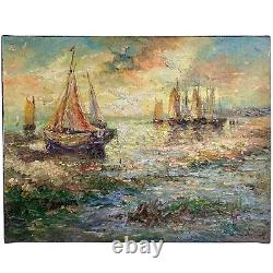 Tableau Ancien Marine Signé Virgile Mafonso- Voiliers Au Coucher Du Soleil HST