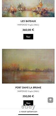 Tableau Ancien Marine Signé Virgile Mafonso- Voiliers Au Coucher Du Soleil HST