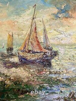 Tableau Ancien Marine Signé Virgile Mafonso- Voiliers Au Coucher Du Soleil HST