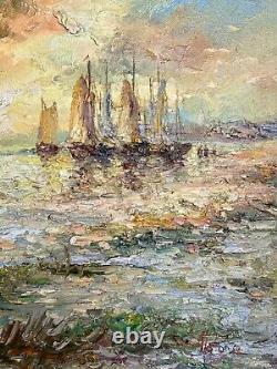 Tableau Ancien Marine Signé Virgile Mafonso- Voiliers Au Coucher Du Soleil HST