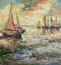 Tableau Ancien Marine Signé Virgile Mafonso- Voiliers Au Coucher Du Soleil HST