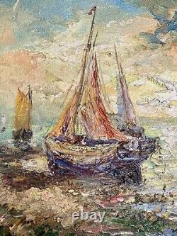 Tableau Ancien Marine Signé Virgile Mafonso- Voiliers Au Coucher Du Soleil HST