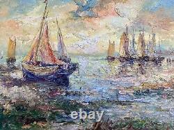 Tableau Ancien Marine Signé Virgile Mafonso- Voiliers Au Coucher Du Soleil HST