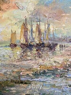 Tableau Ancien Marine Signé Virgile Mafonso- Voiliers Au Coucher Du Soleil HST