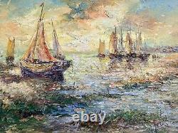 Tableau Ancien Marine Signé Virgile Mafonso- Voiliers Au Coucher Du Soleil HST