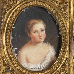 Tableau Ancien Miniature avec Portrait d'Enfant Huile sur Métal Original